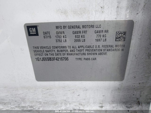 1G1JE6SB3F4216796 Chevrolet Sonic Ltz Auto