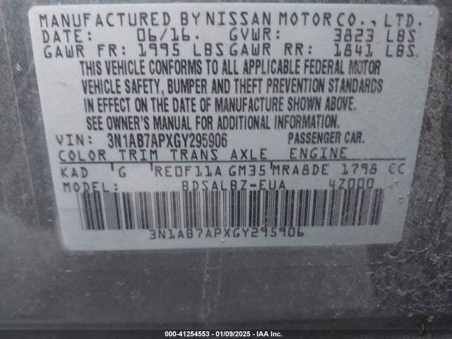 3N1AB7APXGY295906 Nissan SENTRA S