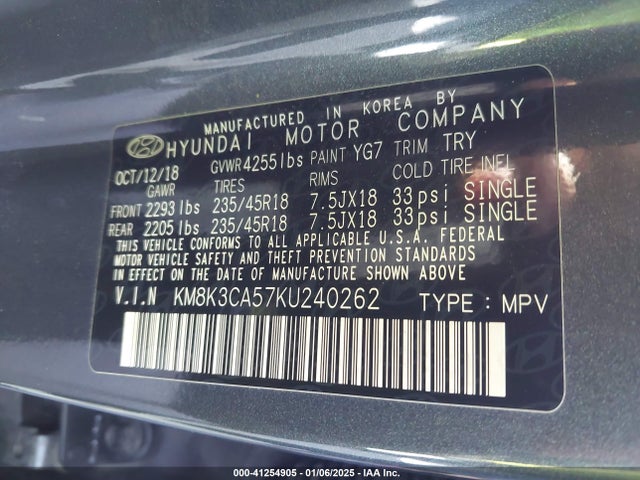 KM8K3CA57KU240262 Hyundai Kona Limited