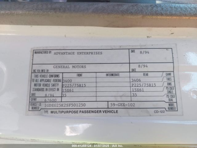 1995 GMC RALLY WAGON / VAN 1GDEG25K2SF501250 Photo 8