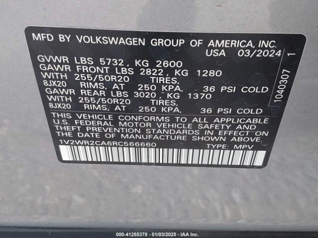 1V2WR2CA6RC566660 Volkswagen Atlas 2.0t Se W/technology