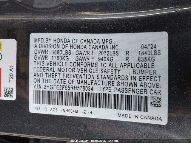 Honda Civic Sport 2024 2HGFE2F55RH578034 Image 9