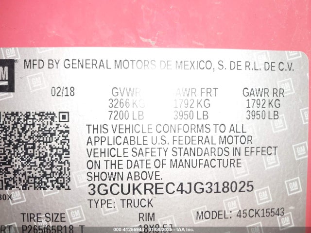 3GCUKREC4JG318025 Chevrolet Silverado 1500 2lt