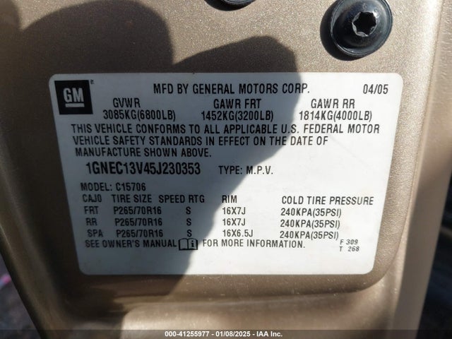 Продаж на аукціоні авто 2005 Chevrolet Tahoe Ls, vin: 1GNEC13V45J230353, номер лоту: 41255977