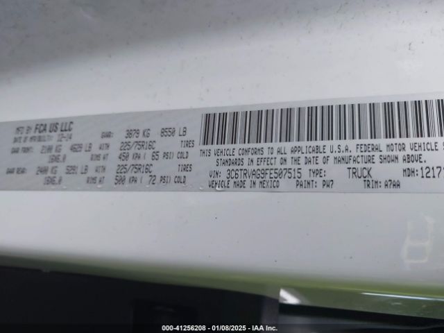 3C6TRVAG9FE507515 RAM Promaster 1500 Low Roof