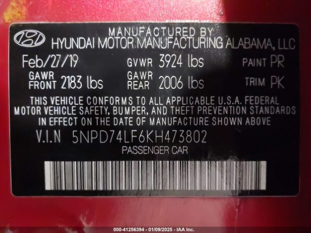 5NPD74LF6KH473802 Hyundai ELANTRA SE