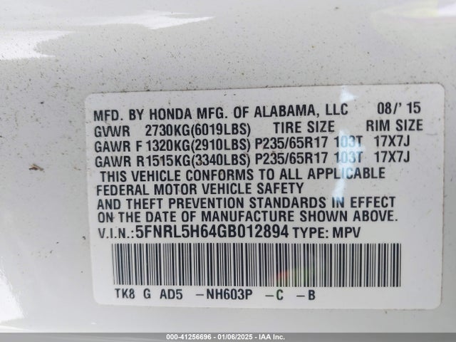 5FNRL5H64GB012894 Honda Odyssey Ex-l