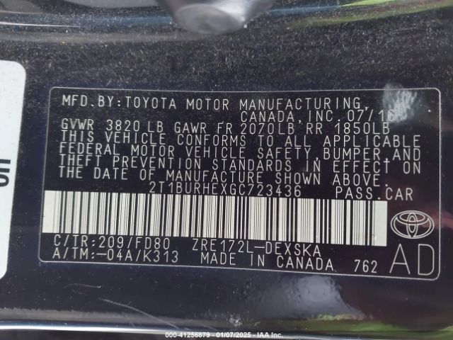 2T1BURHEXGC723436 Toyota Corolla L/le/le Pls/prm/s/s Pls