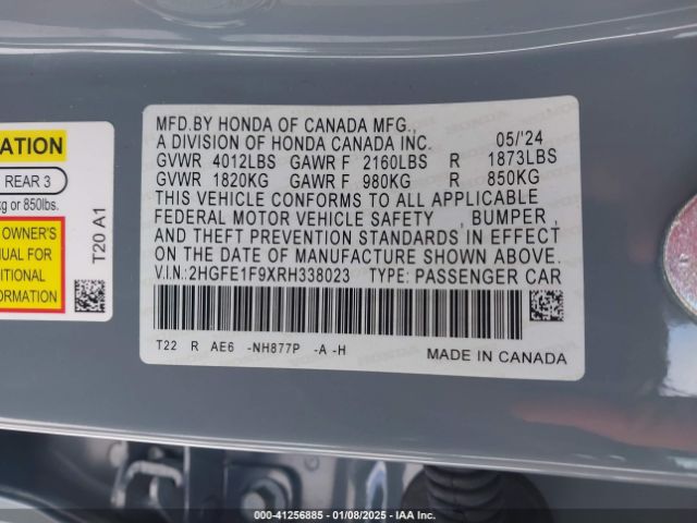 2HGFE1F9XRH338023 Honda Civic Touring