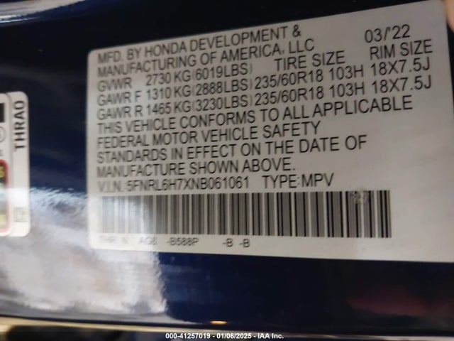 5FNRL6H7XNB061061 Honda Odyssey Ex-l