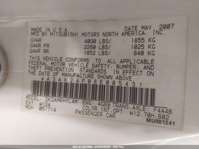 2008 MITSUBISHI ECLIPSE 4A3AK24F08E005431 Photo 8