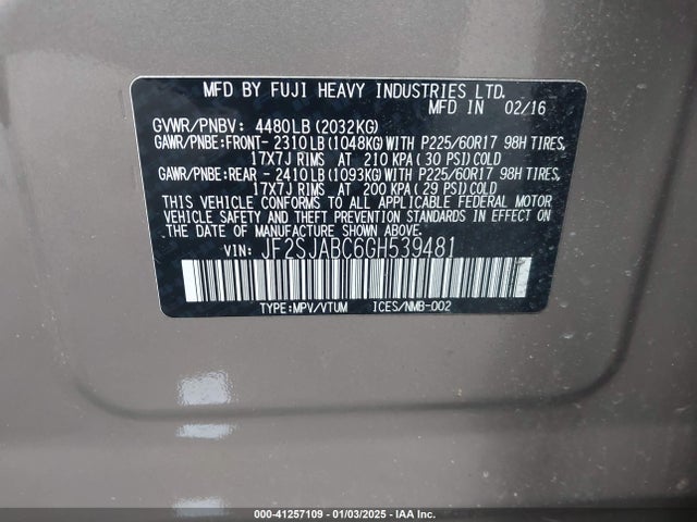 Subaru Forester 2.5i 2016 JF2SJABC6GH539481 Image 9