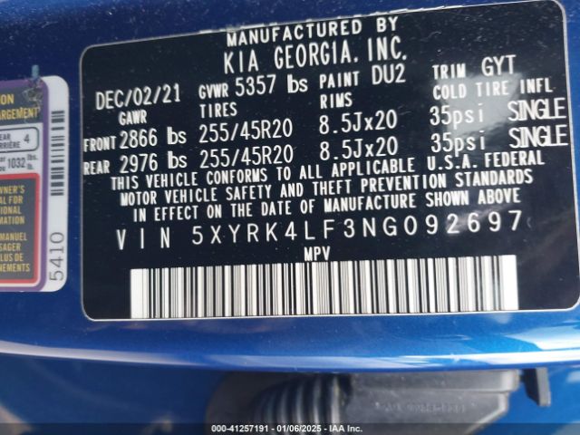 5XYRK4LF3NG092697 KIA SORENTO SX