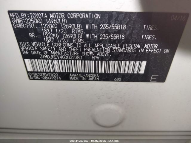 JTMDJREV4GD032380 Toyota Rav4 Hybrid Limited