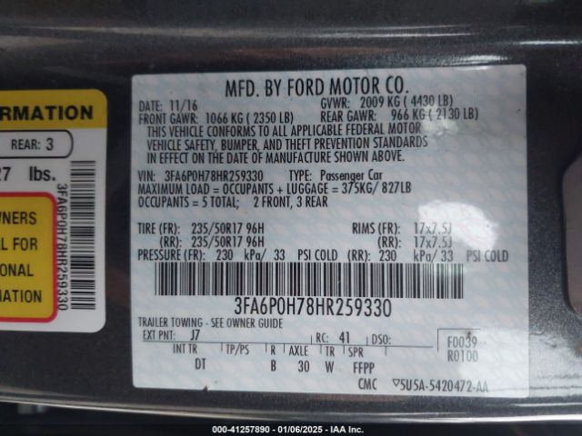 3FA6P0H78HR259330 Ford FUSION SE