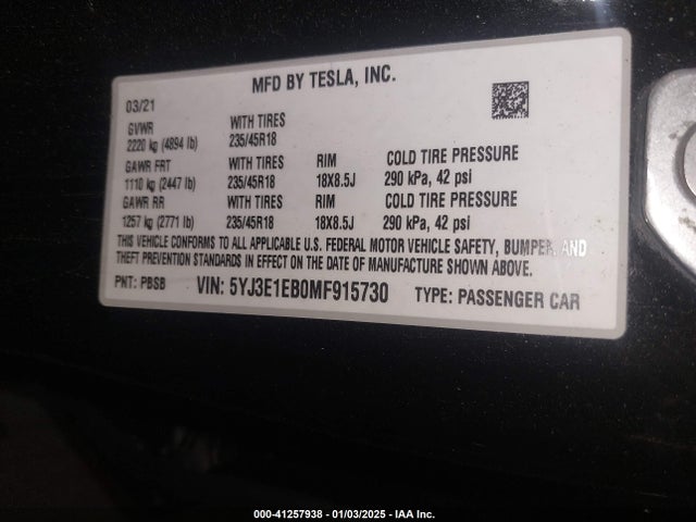 2021 TESLA MODEL 3 5YJ3E1EB0MF915730 Photo 8