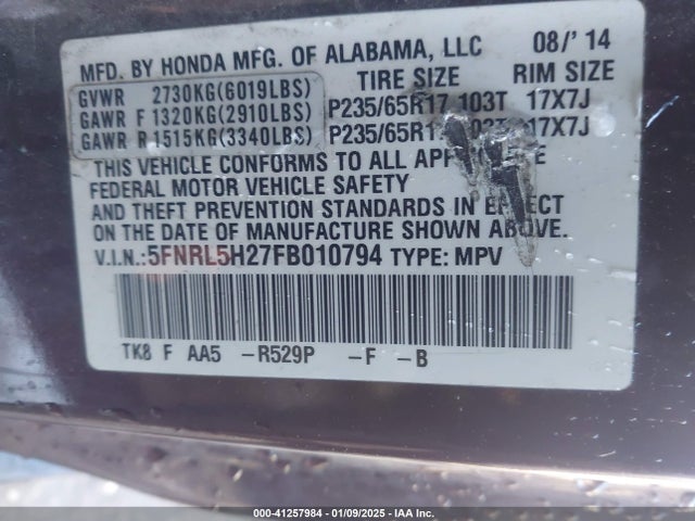 Honda ODYSSEY LX 2015 5FNRL5H27FB010794 Image 9