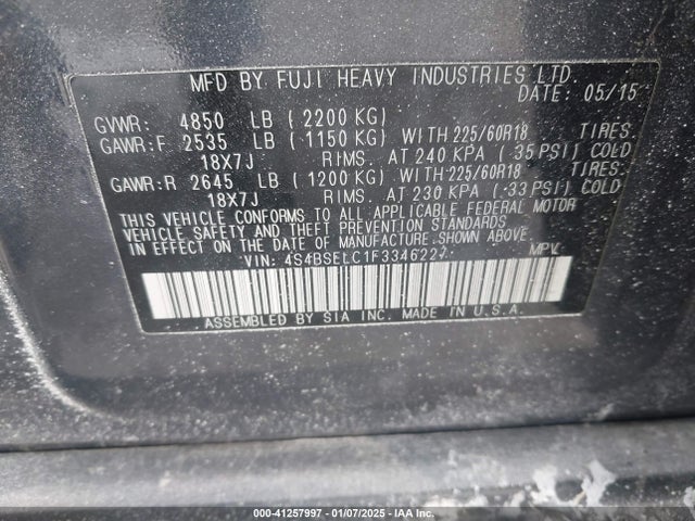 4S4BSELC1F3346227 Subaru Outback 3.6r Limited