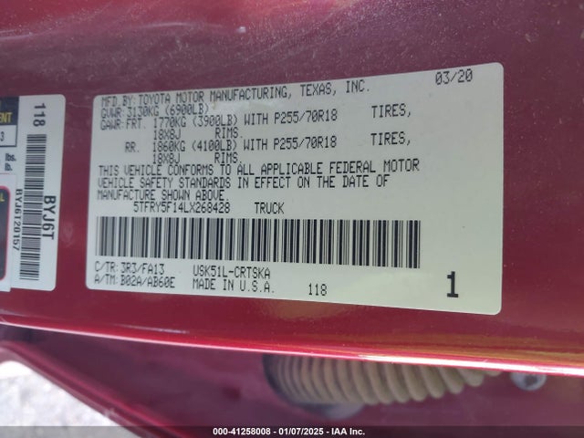 Toyota Tundra Sr 2020 5TFRY5F14LX268428 Image 9