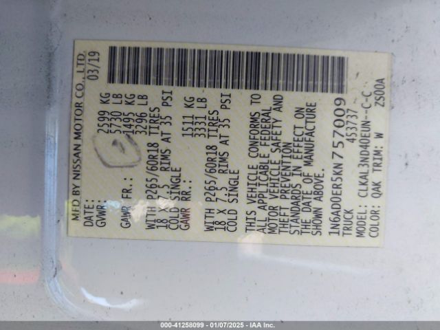 1N6AD0ER5KN757009 Nissan Frontier Sl