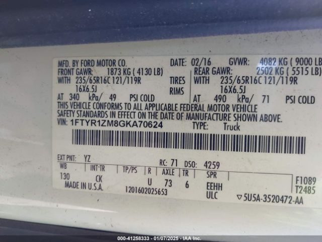 1FTYR1ZM8GKA70624 Ford Transit-250