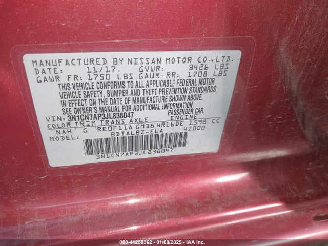 3N1CN7AP3JL838047 Nissan Versa 1.6 Sv