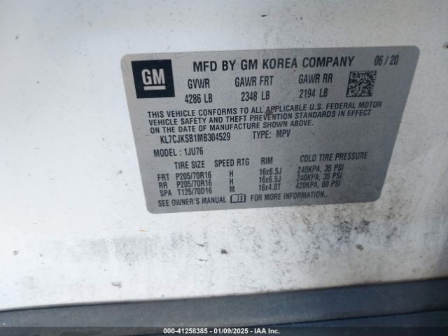 KL7CJKSB1MB304529 Chevrolet Trax Fwd Ls