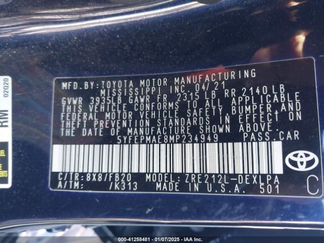5YFEPMAE8MP234949 Toyota COROLLA LE