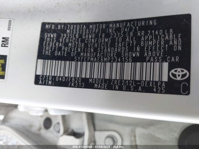 5YFEPMAE6MP234156 Toyota COROLLA LE