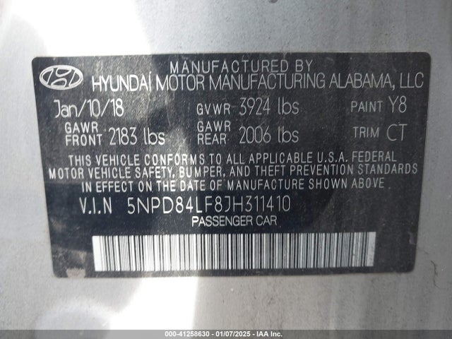 5NPD84LF8JH311410 Hyundai ELANTRA SEL