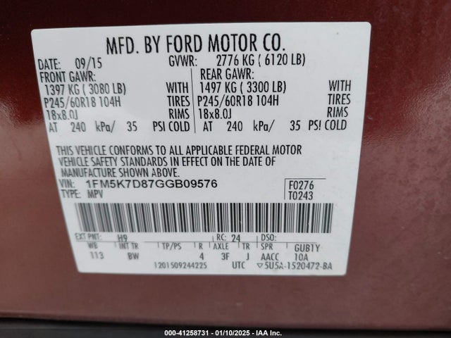 Ford EXPLORER XLT 2016 1FM5K7D87GGB09576 Image 9