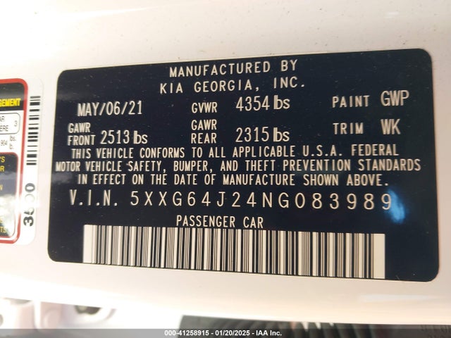 5XXG64J24NG083989 KIA K5 GT LINE