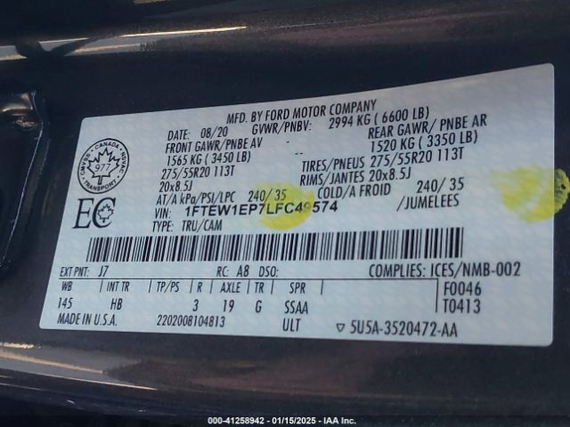 1FTEW1EP7LFC49574 Ford F-150 Lariat