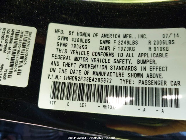 Honda ACCORD LX 2014 1HGCR2F39EA285672 Image 9
