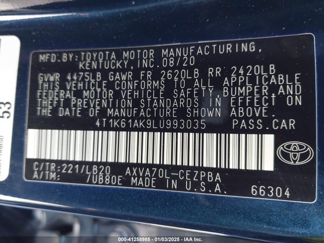 Toyota CAMRY XSE 2020 4T1K61AK9LU993035 Image 9