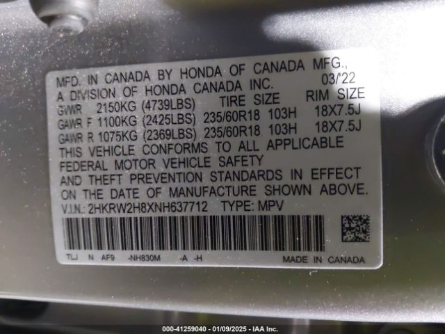 2HKRW2H8XNH637712 Honda Cr-v Awd Ex-l