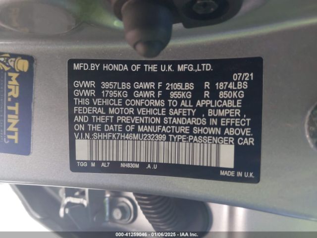 SHHFK7H46MU232399 Honda Civic Sport