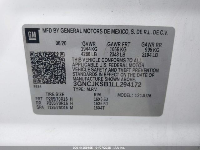 3GNCJKSB1LL294172 Chevrolet Trax Fwd Ls