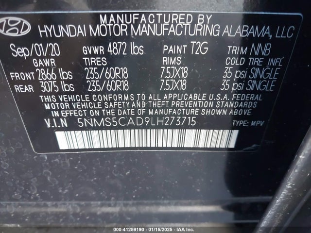 5NMS5CAD9LH273715 Hyundai Santa Fe Limited
