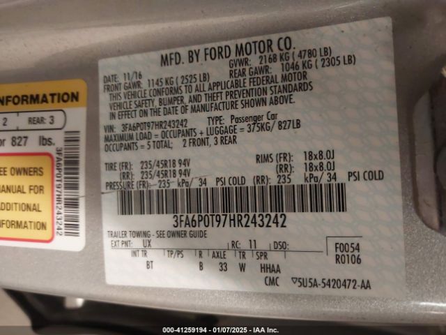 3FA6P0T97HR243242 Ford FUSION SE