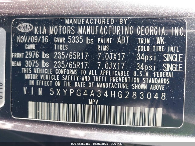 5XYPG4A34HG283048 KIA Sorento 2.4l Lx