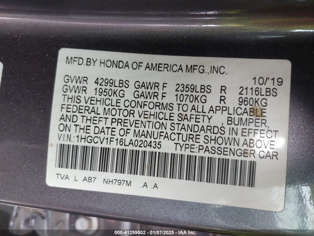 Honda ACCORD LX 2020 1HGCV1F16LA020435 Image 9