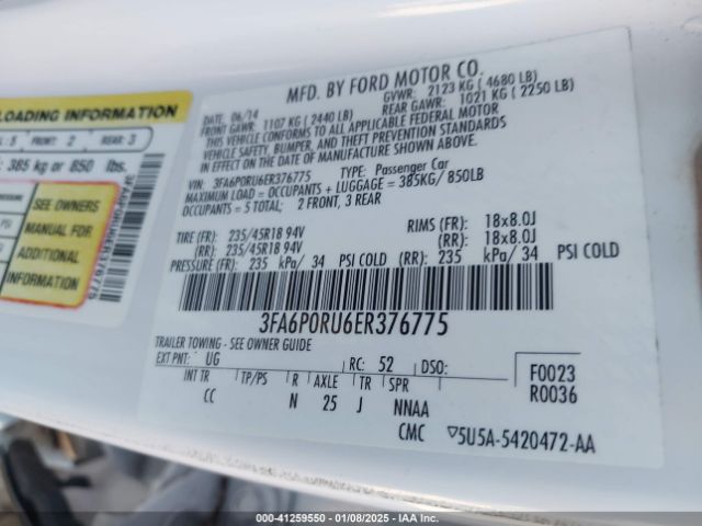 3FA6P0RU6ER376775 Ford Fusion Hybrid Titanium