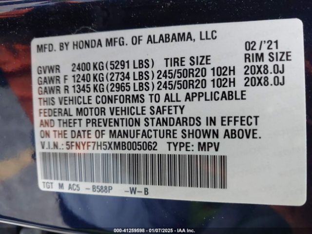 5FNYF7H5XMB005062 Honda Passport 2wd Ex-l