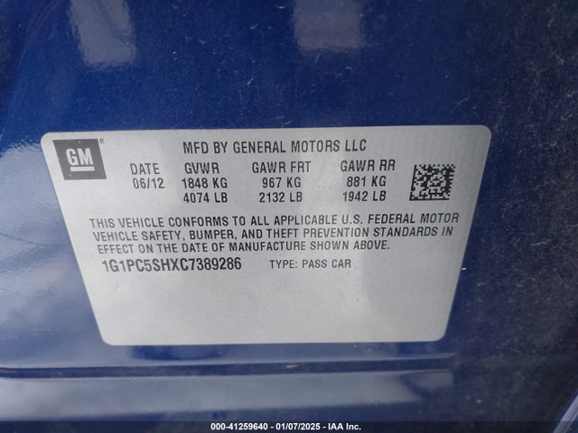 Aukcja sprzedaży 2012 Chevrolet Cruze Ls, vin: 1G1PC5SHXC7389286, numer aukcji: 41259640