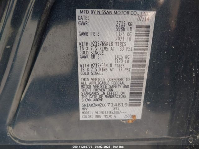 5N1AR2MM2EC714619 Nissan Pathfinder S