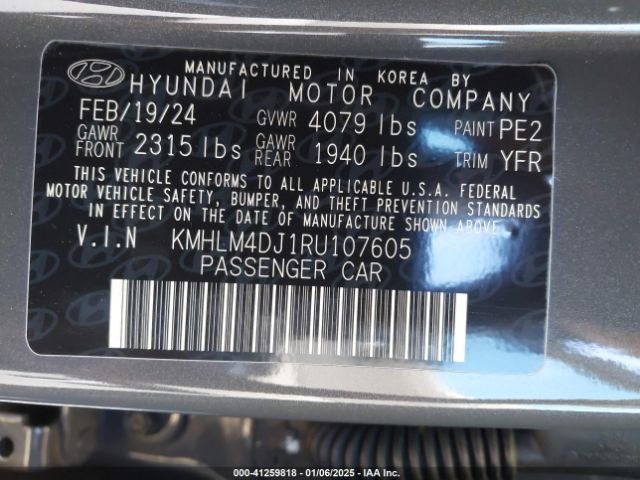 KMHLM4DJ1RU107605 Hyundai Elantra Hybrid Blue
