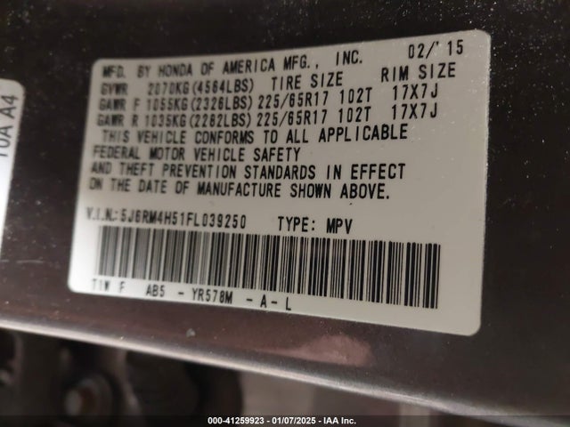 Honda CR-V EX 2015 5J6RM4H51FL039250 Image 9