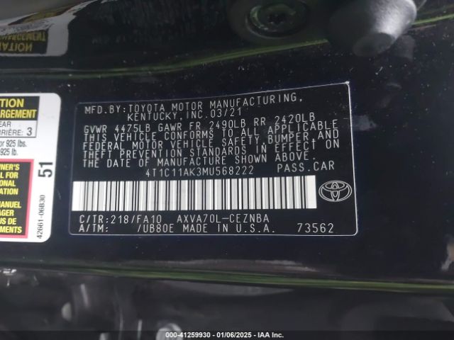 4T1C11AK3MU568222 Toyota CAMRY LE