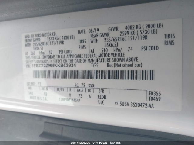 1FBZX2ZM4KKB53934 Ford Transit-350 Xlt